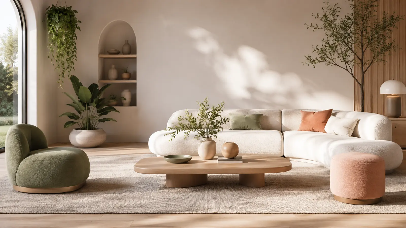 A welcoming plant-filled interior with warm natural materials