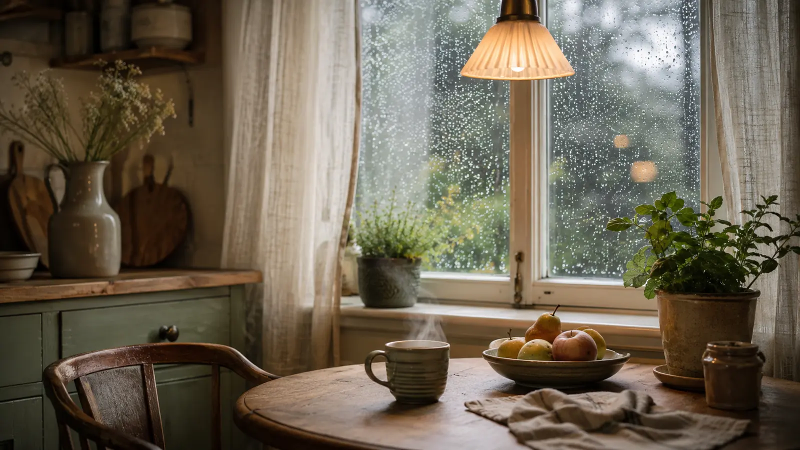 A warm, quiet reading corner with plants and natural wood
