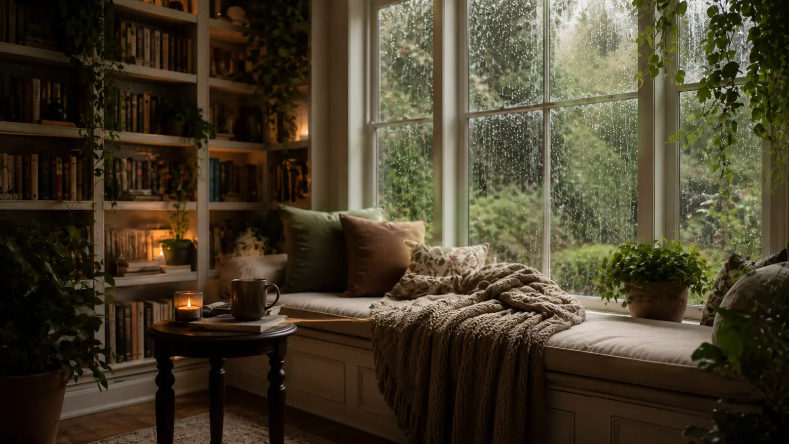 A peaceful plant-filled room beside a rain-streaked window