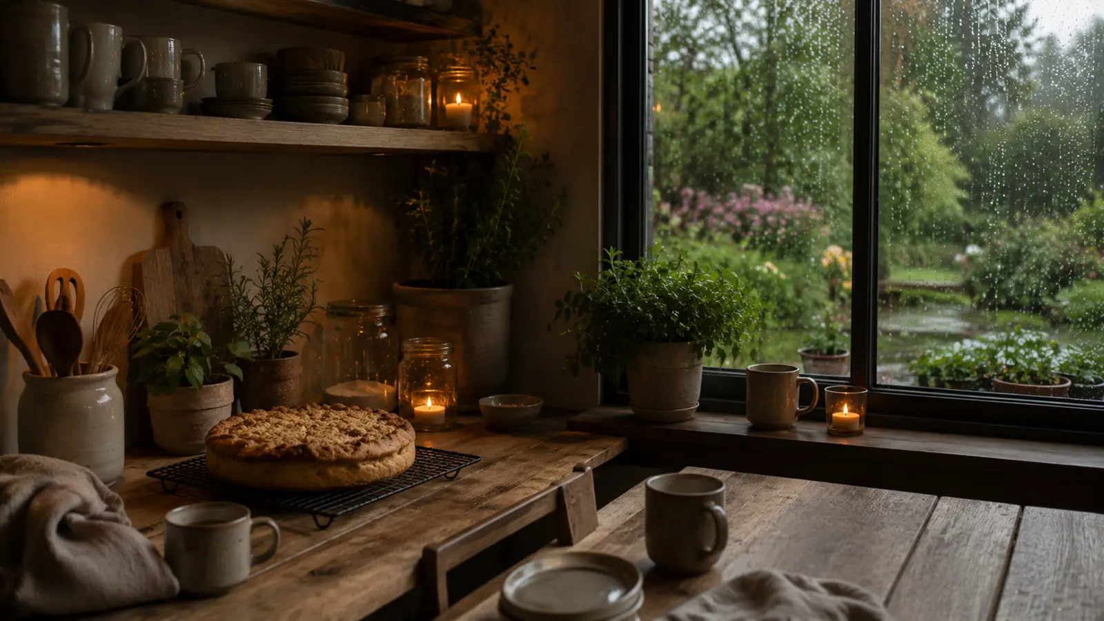 A cozy room looking out through rain